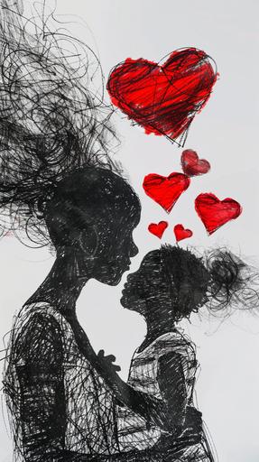 a black Mother and her son in a charcoal minimalist single line sketch, red hearts and love in the air, double exposure, chiaroscuro --ar 9:16