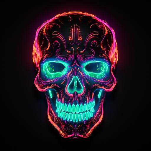 a black T-shirt with a neon skull painted on it.