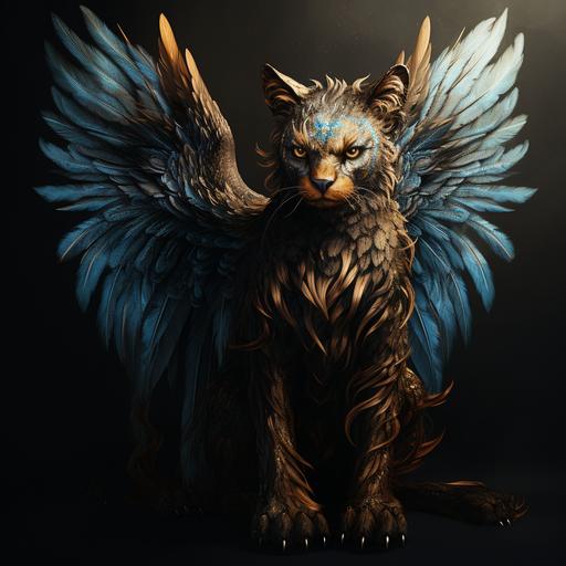 a black and blue leonine tabaxi with brown angel wings