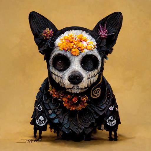 a black and fat chihuahua dog wearing an intricate skeleton día de los muertos costume,mexican, cempasuchil flowers, hyper detailed, intricate features