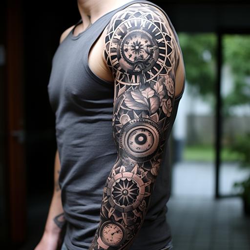 a black and grey tattoo of sacred geometry, clocks, gears, mandalas, lotus, fluer de lis