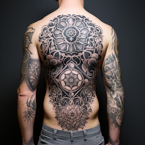 a black and grey tattoo of sacred geometry, clocks, gears, mandalas, lotus, fluer de lis