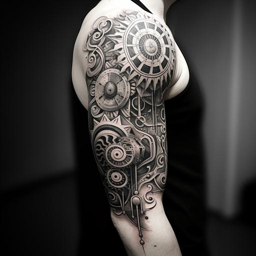 a black and grey tattoo of sacred geometry, clocks, gears, mandalas, lotus, fluer de lis