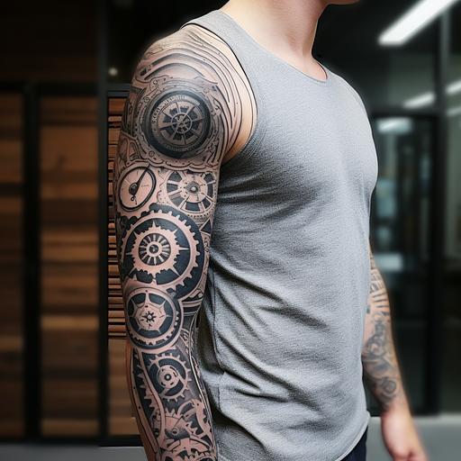 a black and grey tattoo of sacred geometry, clocks, gears, mandalas, lotus, fluer de lis