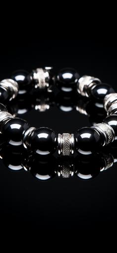 a black and silver bead bracelet, in the style of smooth and shiny, dark atmosphere, paleocore, heavy shading, dark black, imitated material --ar 59:128