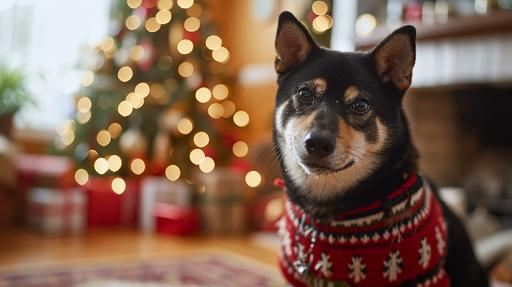 a black and tan Shiba Inu dreaded in an ugly sweater Christmas morning --ar 16:9 --v 6.0