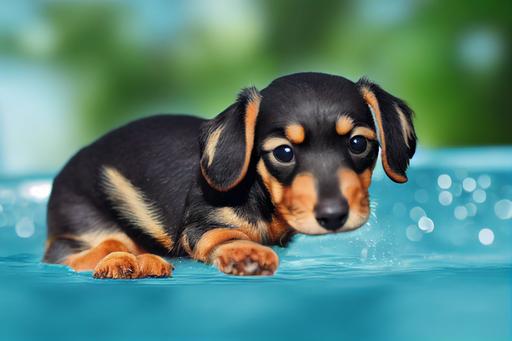 a black and tan mini dachshund puppy is swimming in a pool, realistic, 8K, INTRICATE DETAILS, FULL COLOR, --ar 16:9 --test --creative