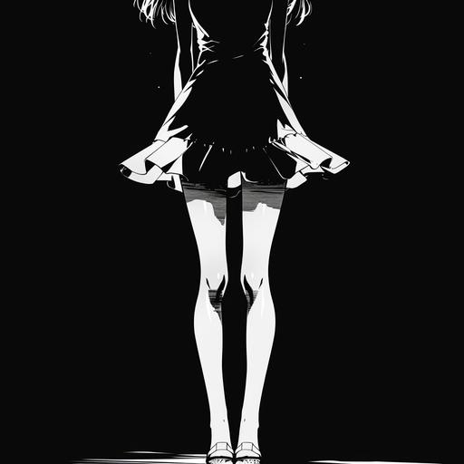 a black and white anime style illustration of a woman in a short dress with thin legs