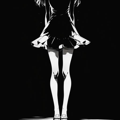 a black and white anime style illustration of a woman in a short dress with thin legs --v 6.0