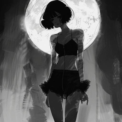a black and white anime style illustration of a woman in a short dress with thin legs