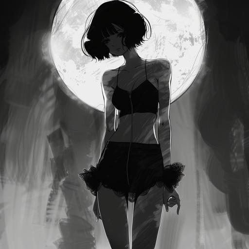 a black and white anime style illustration of a woman in a short dress with thin legs --v 6.0