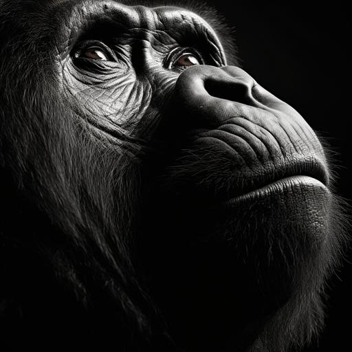 a black and white close-up of a gorilla's nose and mouth, from the left side of the face, by studio Harcourt --v 5.2