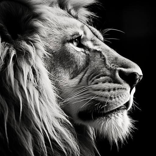 a black and white close-up of a lion's nose and mouth, from the left side of the face --v 5.2