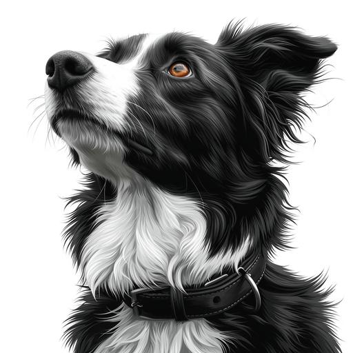 a black and white coated border collie portrait cartoon with a black leather dog collar looking lovingly into the distance at its owner on white background ultra high quality --v 6.0 --s 750
