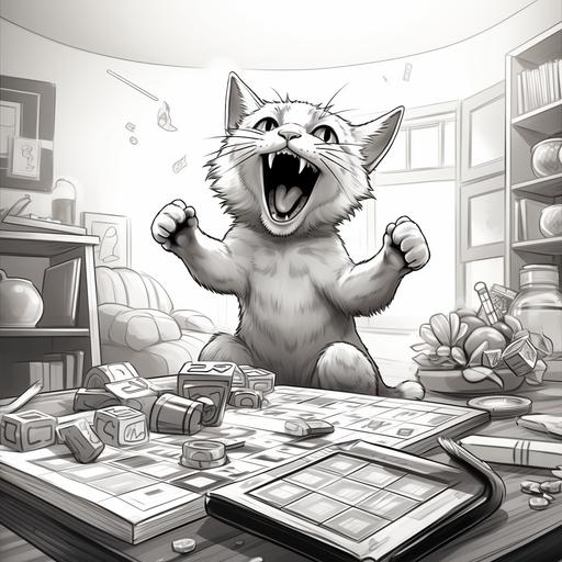 a black and white coloring book style realistic looking cat standing up excited as he wins a board game he's playing with other cats who are seated