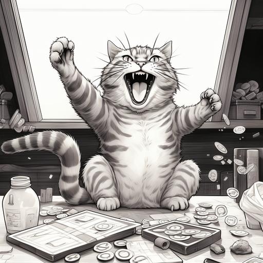 a black and white coloring book style realistic looking cat standing up excited as he wins a board game he's playing with other cats who are seated