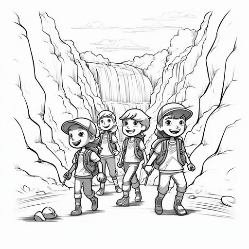 a black and white coloring page of a group of students on a hiking trip by a waterfall in a cartoon style