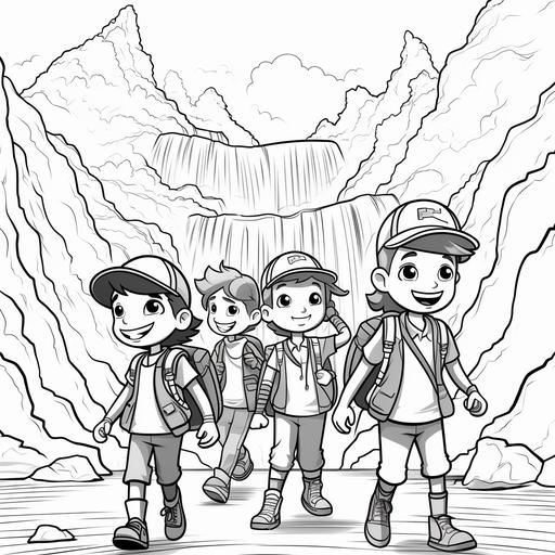 a black and white coloring page of a group of students on a hiking trip by a waterfall in a cartoon style