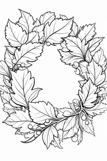 a black and white coloring page of a thanksgiving wreath made of autumn leaves, thick black lines --ar 2:3
