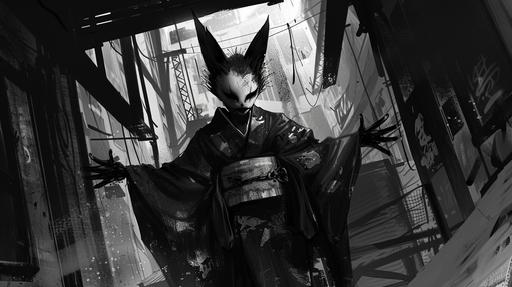 a black and white, comic style, storyboard sketch of a feminine humanlike yokai with long clawed hands, wearing a kimono and a sinister bat inspired mask, standing on a grungy subway playform. --ar 16:9