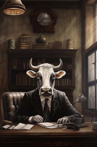 a black and white cow, painting a picture, in his office made of wood in the Italian style