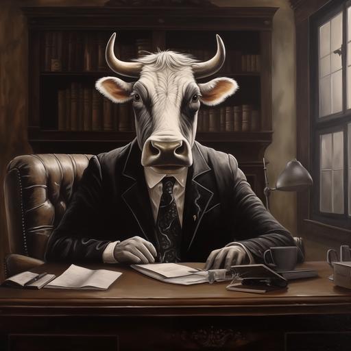 a black and white cow, painting a picture, in his office made of wood in the Italian style