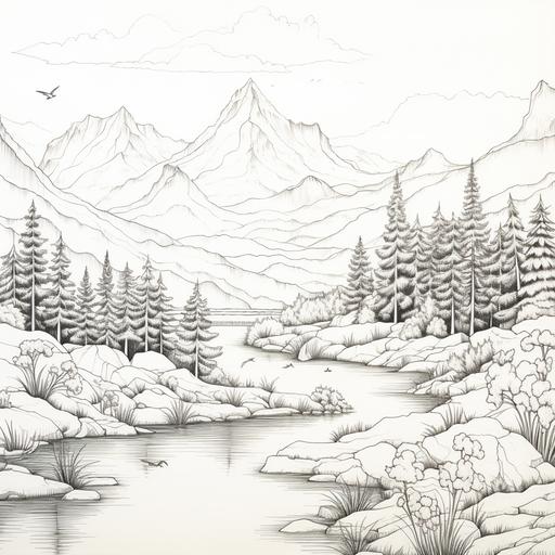 a black and white image to colour in of A quiet mountain scene: Picture a large mountain range. A singular mountain at the center of the page with various tiers, presenting different elevations with naturally drawn lines. In the foreground, a peaceful stream winds its way around rocks and through a small grove of pine trees. Sketch in a few wildlife creatures for scale and a touch of life