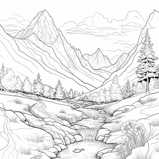 a black and white image to colour in of A quiet mountain scene: Picture a large mountain range. A singular mountain at the center of the page with various tiers, presenting different elevations with naturally drawn lines. In the foreground, a peaceful stream winds its way around rocks and through a small grove of pine trees. Sketch in a few wildlife creatures for scale and a touch of life