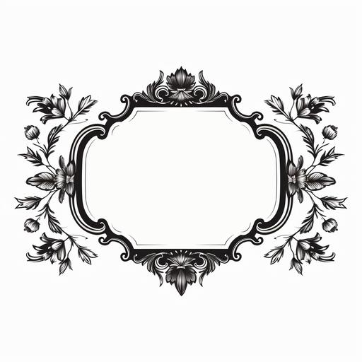 a black and white monochromatic simplistic vector grafic logo of an old brass frame with some ornaments around, victorian era style, nothing in the centre, no background, landscape format