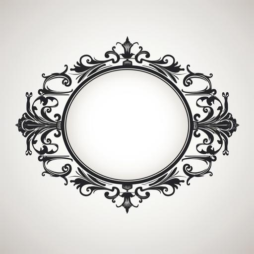 a black and white monochromatic simplistic vector grafic logo of an old brass frame with some ornaments around, victorian era style, nothing in the centre, no background, landscape format