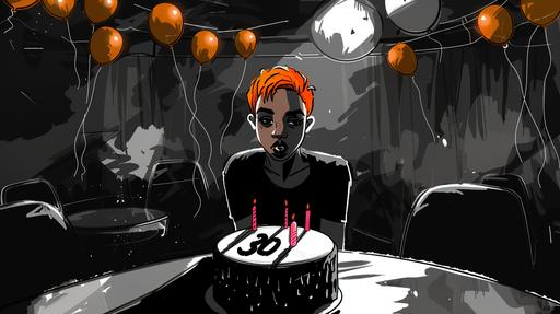 a black and white, moody, shadowy, fisheye, storyboard sketch of a scared looking, androgynous, early 20s black woman with a short straight orange pixie cut, the only thing in colour is her hair, she's wearing all black, sitting alone in a karaoke room. in front of her, a cake with number 
