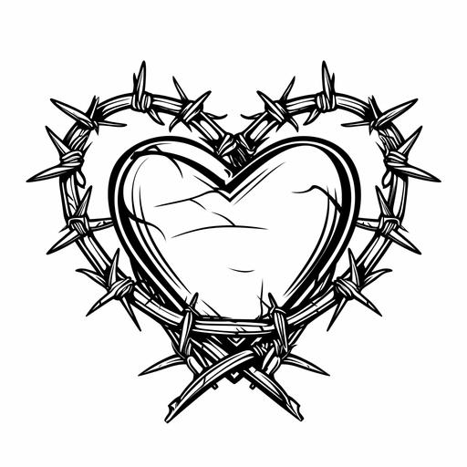 a black and white outline of a heart wrapped barbed wire. Make it in the style of the Middle Ages. White background. Minimal shading. --c 3 --v 6.0 --ar 1:1