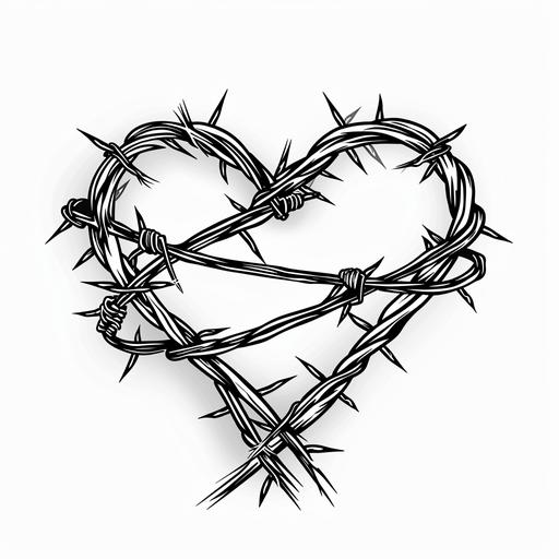 a black and white outline of a heart wrapped barbed wire. Make it in the style of the Middle Ages. White background. Minimal shading. --c 3 --v 6.0 --ar 1:1