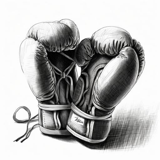 a black and white pen drawing of boxing gloves. in the style of a pen drawing in black and an empty white on a white background. fade to all white background all the way around.