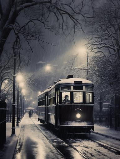 a black and white photo of an old tram on a snowy night in london, in the style of tim hildebrandt, darkly romantic illustrations, dan witz, i can't believe how beautiful this is, frantisek kupka, chicago imagists, moody color schemes, photo raw, polaroid size and framing --ar 3:4