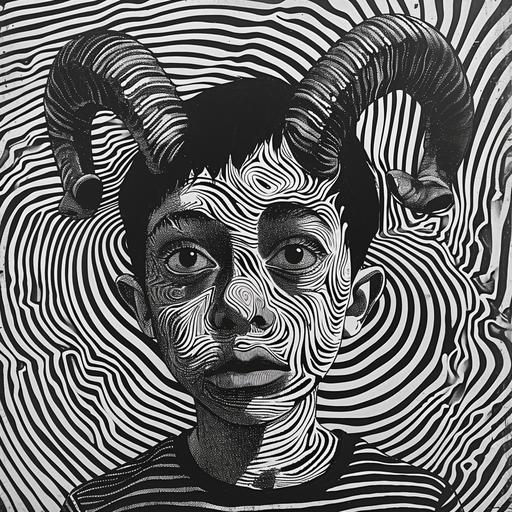 a black and white photonegative refractograph of a child with horns, in the style of psychedelic manga, striped painting, otherworldly illustrations, intricate illustrations, scientific illustrations, bold, manga-inspired characters, surrealistic overtones:: a girl with long horns has been drawn in a photonegativerefractograph, in the style of psychedelic manga, intricate black and white illustrations, [jeff kinney]( striped painting, scientific illustrations, close-up, [mars ravelo]( zebra print photonegative refractograph poster of little devil horned child skull on a zebra pattern, in the style of [junji ito]( exploratory line work, [patrick brown]( twisted characters, [henrietta harris]( close up, cybernetic surrealism:: a black and white photonegative refractograph drawing of a boy being attacked by two demons, in the style of psychedelic portraiture, stripes and shapes, mixes realistic and fantastical elements, #screenshotsaturday, surrealistic portraits, tanbi kei, textural explorations:: --v 6.0