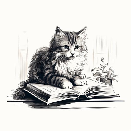 a black and white simple sketch illustration of a cat calmly reading a book. v 6.0