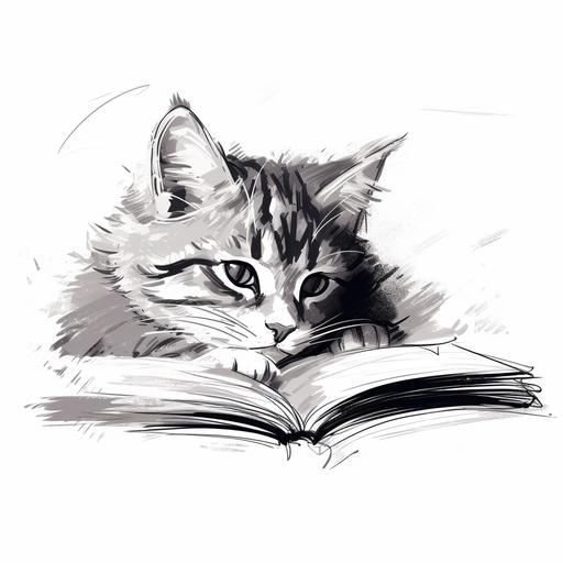 a black and white simple sketch illustration of a cat calmly reading a book. v 6.0