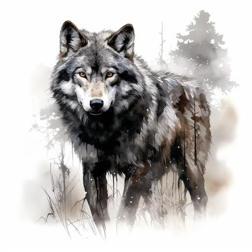 a black and white tattoo of a wolf painting, in the style of photoillustration, wilderness, robert hagan, digitally enhanced, watercolor illustrations, junglecore, black and white colors