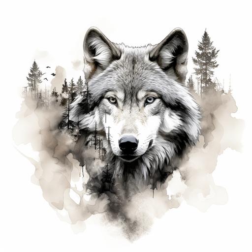 a black and white tattoo of a wolf painting, in the style of photoillustration, wilderness, robert hagan, digitally enhanced, watercolor illustrations, junglecore, light gray