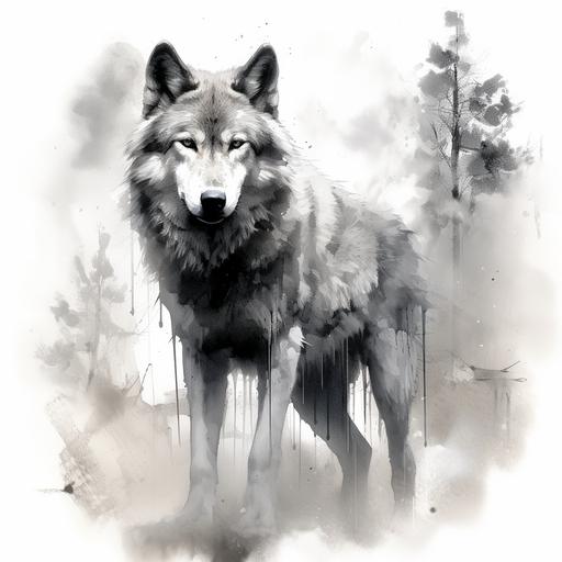 a black and white tattoo of a wolf painting, in the style of photoillustration, wilderness, robert hagan, digitally enhanced, watercolor illustrations, junglecore, light gray