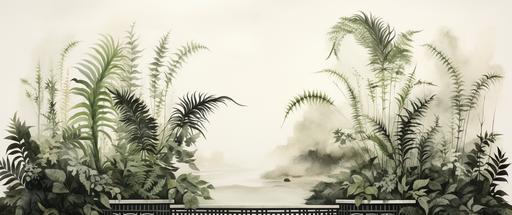a black and white watercolor portrait drawing of ferns in an isolated square on white, in the style of light green and light gold, xbox 360 graphics, circular shapes, asian-inspired motifs, romantic moonlit seascapes, extravagant table settings, website --ar 43:18