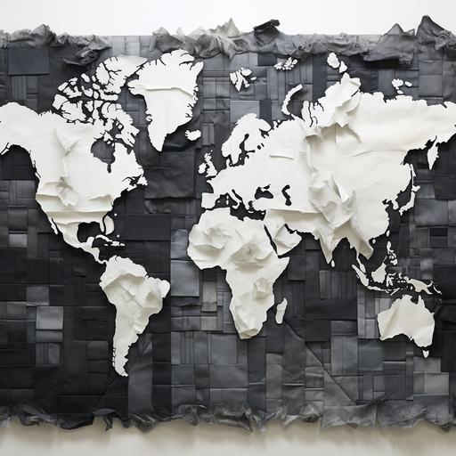 a black and white world map with the aesthetic of a collage and country borders resembling torn paper