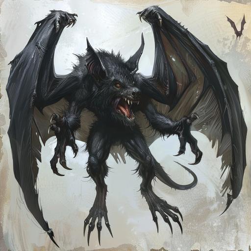 a black bat monster with long wings with long black feathers on the wings that has a long snout and has arms with pointy claws on the fingers and a black tail and the mouth has long sharp fangs --v 6.0