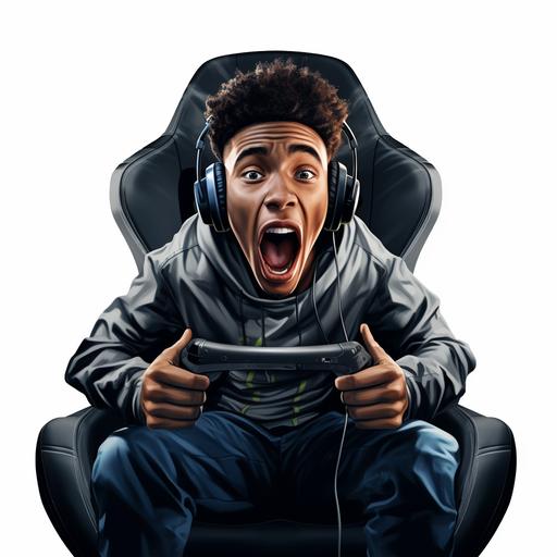 a black boy gamer with twists and shocked face and headphones in a gamer chair and transparent background