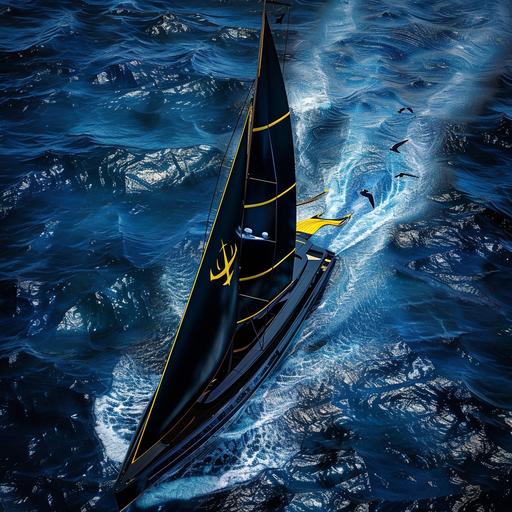 a black carbon fibre yacht with a yellow poseidon with trident on front sail, fast, ultra realistic, blue ocean, whales
