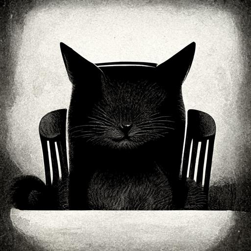 a black cat, a brown grey and white cat, sitting at a chair, drinking milk, taking pictures