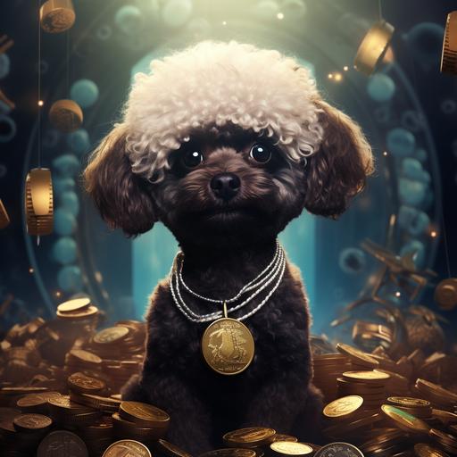 a black female bichon frise dog with money and gold , at the moon , crypto , ultra HD , 8k