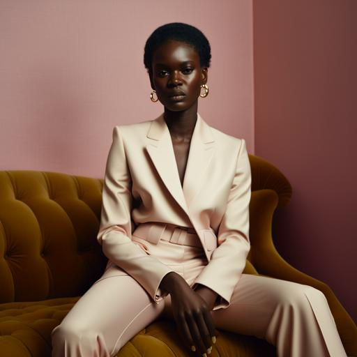a black female model/tall and lean/ long legs / wearing a light beige suit/ shiny eyelids with a soft light coming in from the left side/soft shadows/wearing light beige heeled sandals with narrow belts and small golden buckles/ stands in front of a light pink velvet designer sofa/her expression is calm and slightly bored, and her eyes are catching the camera lens/ she´s showing her small prada bag to the camera in her left hand/ Shot on 28 mm kodak camera--v5