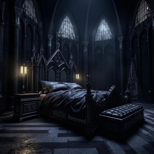 a black gothic bed room with tim burton style design, all black, castle bedroom, high quality, hd, real life, 8k, ultra high detail, realistic photograph --s 750 --v 5.1